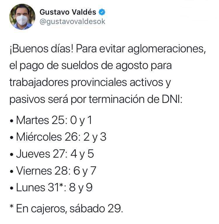 Valdés anunció el cronograma de los sueldos de agosto