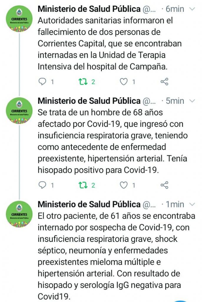 Se produjo el fallecimiento de dos pacientes internados en el Hospital de Campaña