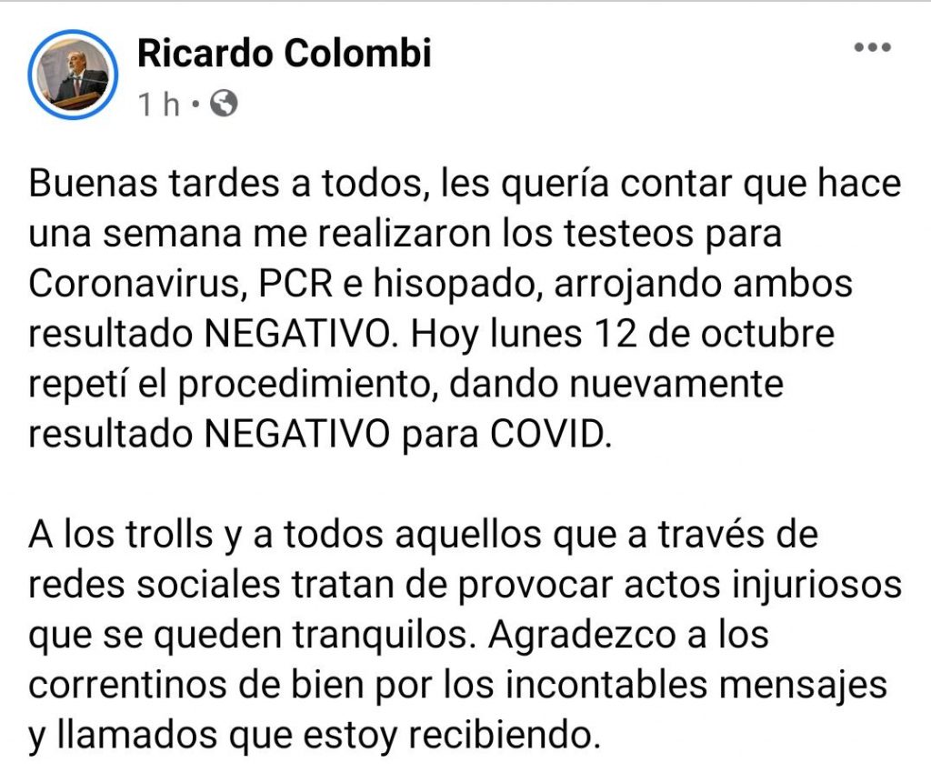 Colombi fue sometido a cuatro testeos para Coronavirus, con resultado negativo