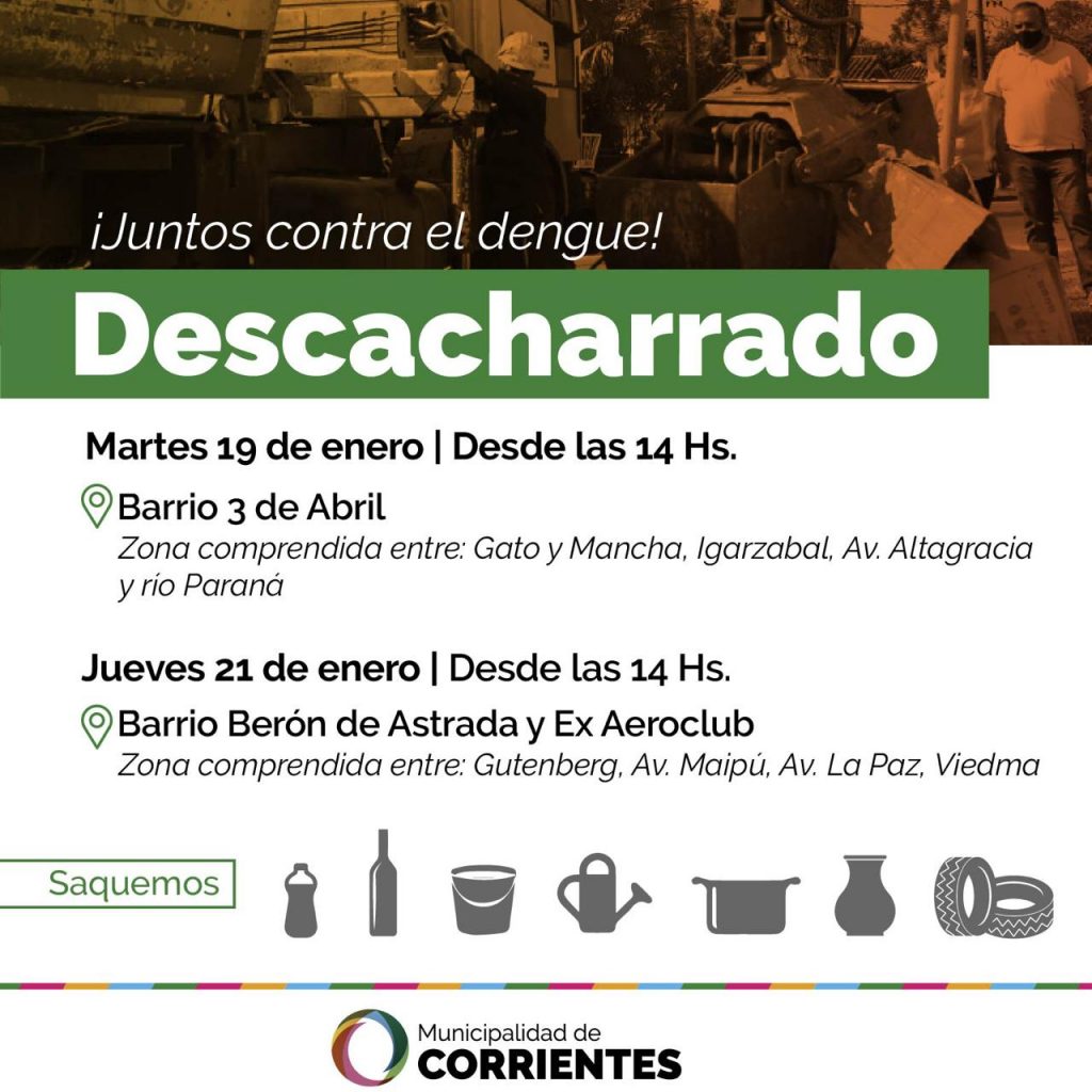 Descacharrado se realizará en los barrios 3 de Abril, Berón de Astrada y Ex Aeroclub