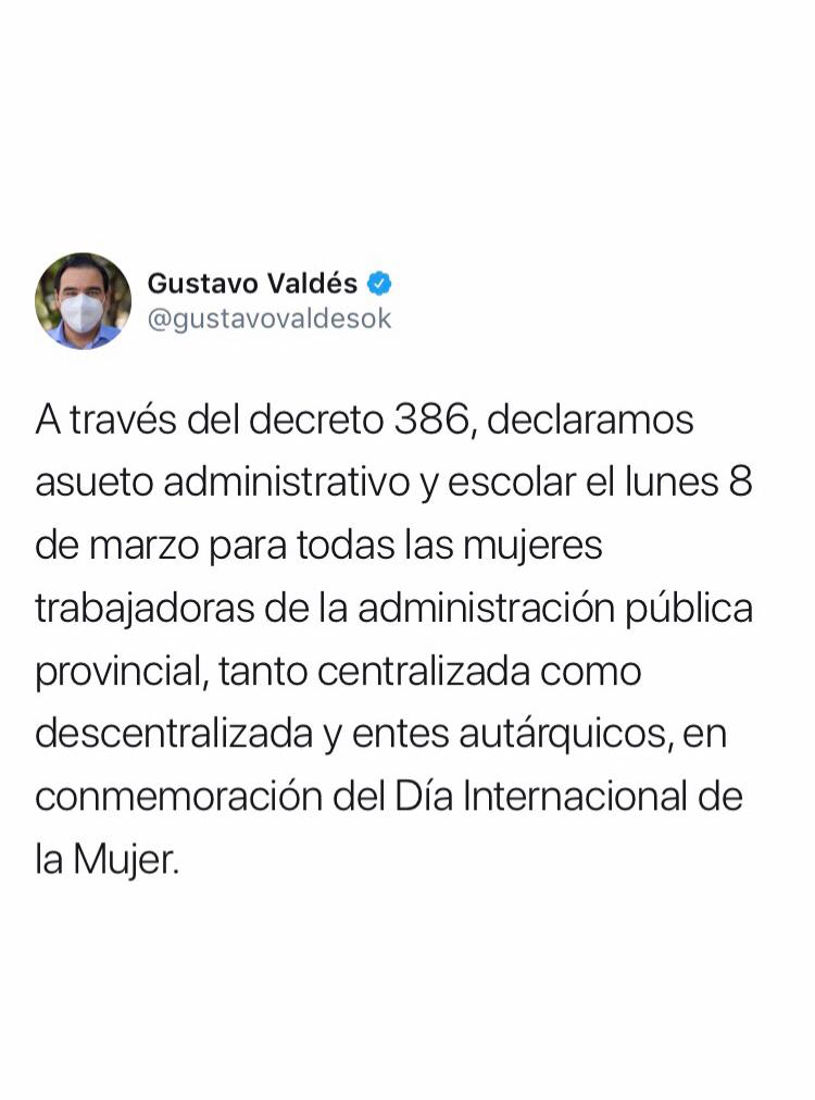 Valdés decretó asueto administrativo y escolar para las mujeres