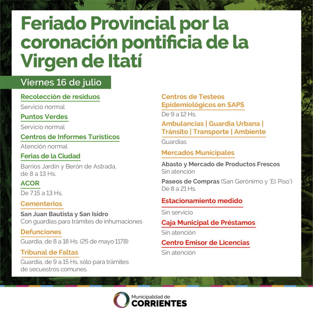 Funcionamiento de los servicios municipales para el viernes 16 de julio