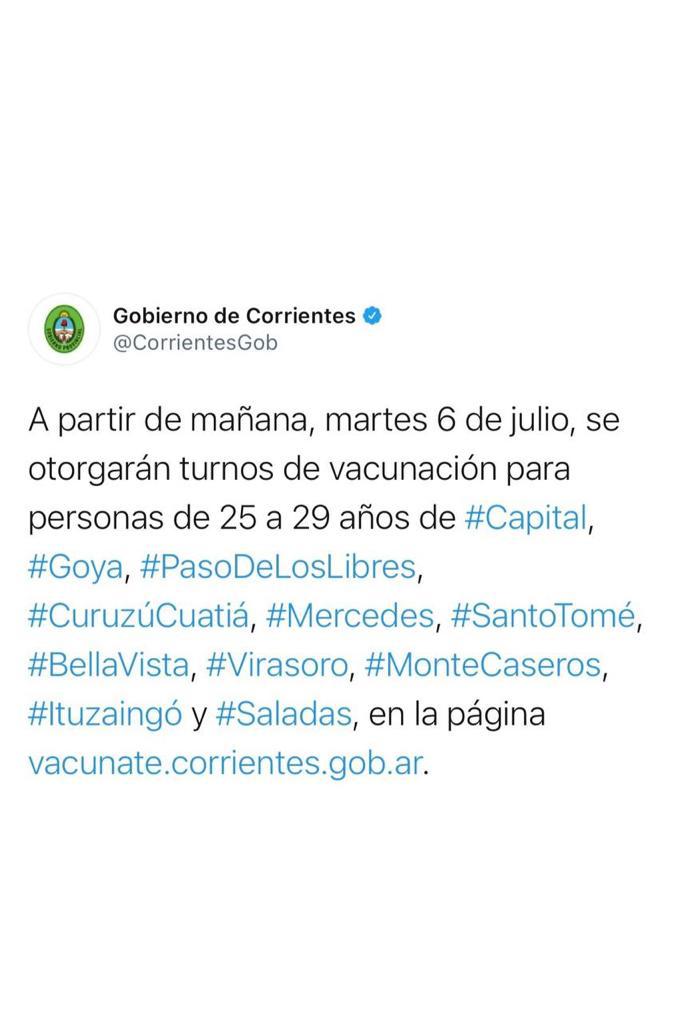 Se otorgan turnos de vacunación para personas de 25 a 29 años